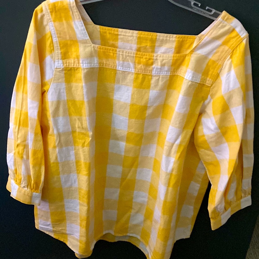 Picnic Anyone?   Yellow and white checkered square neck peasant top